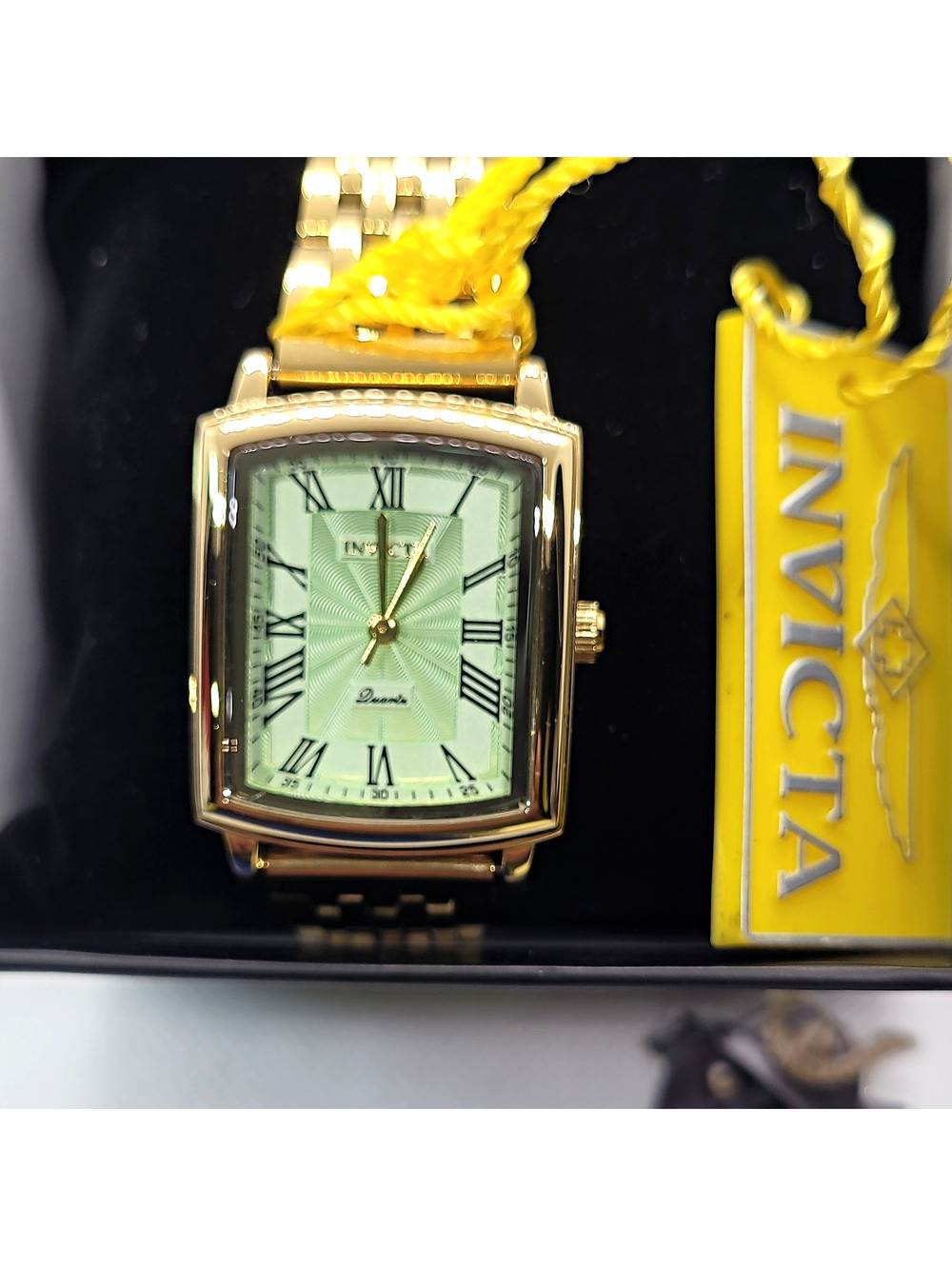 622 Invicta Womans Gold Rectangle Green Textured Dial Quartz Roman Metal Bracel